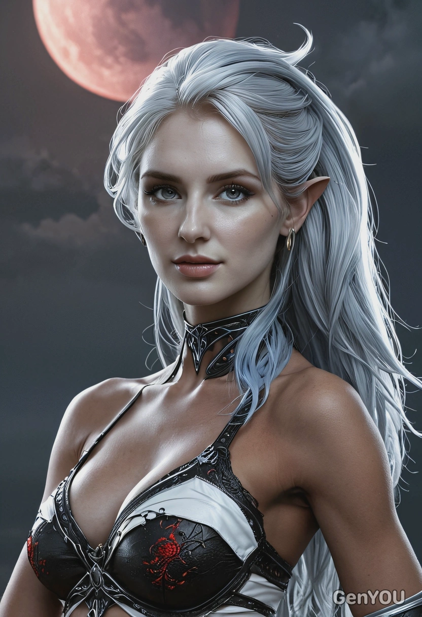 profile pic for sexy posing Shillien a blackface drow goddess from the Lineage 2, red moon, cloudy, dim and smoky night, cinematic dark mood, 25y redhead, natural lighting, blue-gray face and body skin color