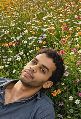 lying in a field of wildflowers, gazing at each other with soft smiles, framed by the golden light of dusk