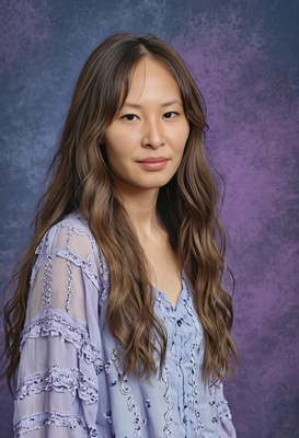 student with long wavy hair, in a lilac boho chic blouse, with a dreamy look, blue yearbook background 