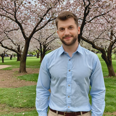 in a light blue button-up shirt and khaki pants, standing in a park under a blooming cherry blossom tree