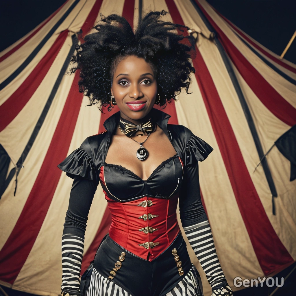 dressed as a twisted circus ringleader, standing in front of a spooky big top tent, half body portrait 