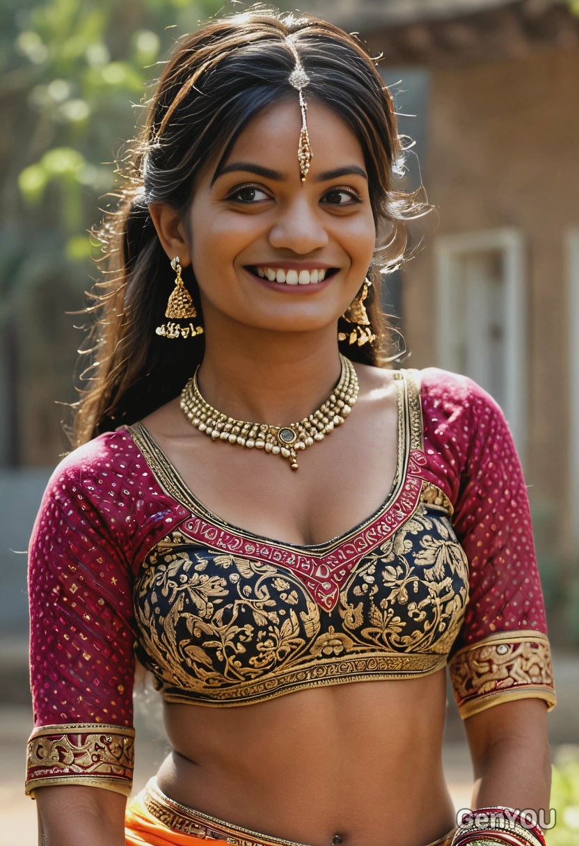 a village girl,perfect body shape, long face, young lady, perfect tan skin, glowing and very smooth skin, Full body, wide waist , big hip,Extremely Realistic, wide waist , big hip, Sexy Bengali Married Woman, Intricate, 8k, HDR, Masterpiece, Cinematic Lighting, Sharp Focus, Cheek Make Up, Eyelid Make Up, Eyeliner, Mascara, Glossy Lips, super alluring eyes, bronze long hair, vermilion on sithi, red