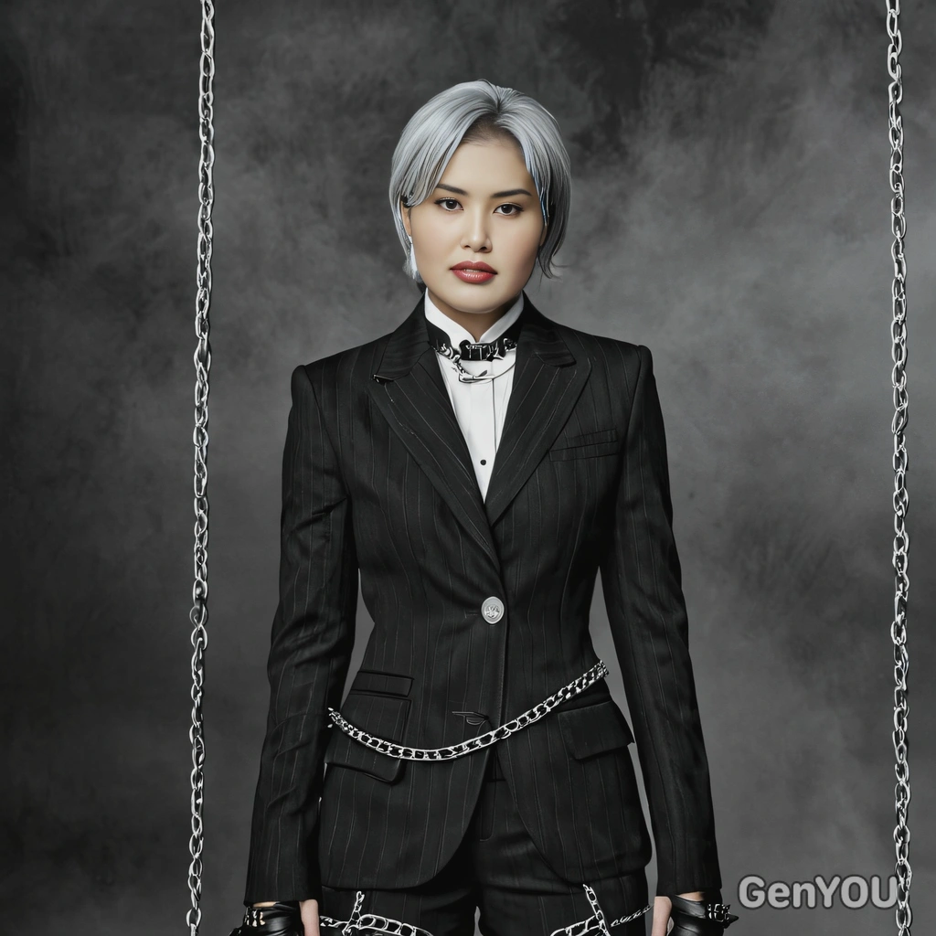 as Taemin from SHINee's Criminal, dressed in a sleek black and white suit with chains, standing in a dark, fog-filled room