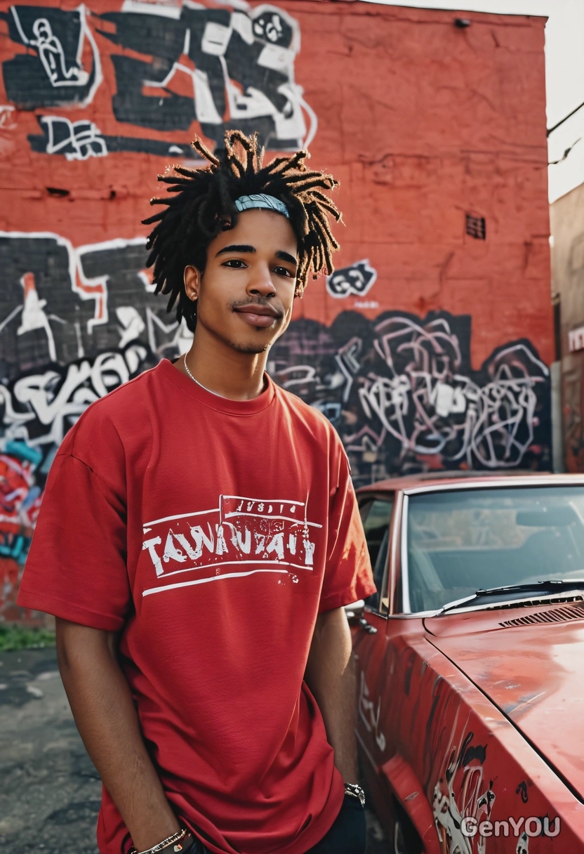 80s retro hip-hop vibes, retro film camera quality textured photo, wearing oversized chunky red t-shirt, braided hair, symmetrical details, leaning against the side of retro car, blurry abstract graffiti walls background, sunset rays