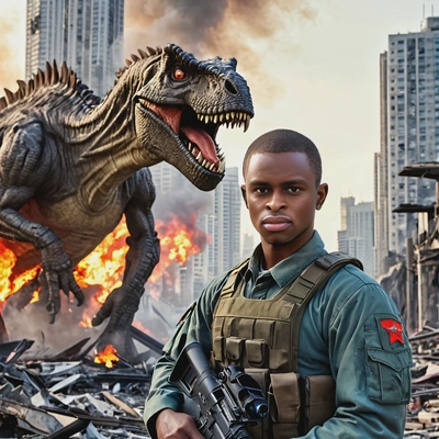 as a cosplayer of soldier, military uniform, rifle in hands, worried face expression, blurry giant dinosaur-like monster far behind among shabby destroyed burning Tokyo skyscrapers, looking directly at camera, vivid colors, late evening, high-quality cinematographic style