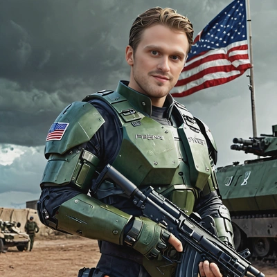 as a futuristic soldier, in green metal armor, neat haircut, smiling, assault rifle in hands, cyberpunk, military base, US flag, futuristic tank behind, looking straight at camera, dark stormy sky, vivid colors, high-quality cinematographic style