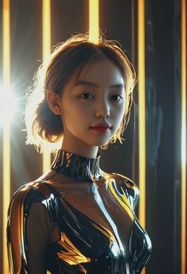 front-side silhouette of a flirty woman in futuristic glass dress, soft sensual vibe, mysterious mood, vignetting, Synthwave aesthetics, seductive eyes on viewer, half-body view, sun beams on the face, indoor lighting, golden hour, flirty smile, high-quality image, as if made by AI