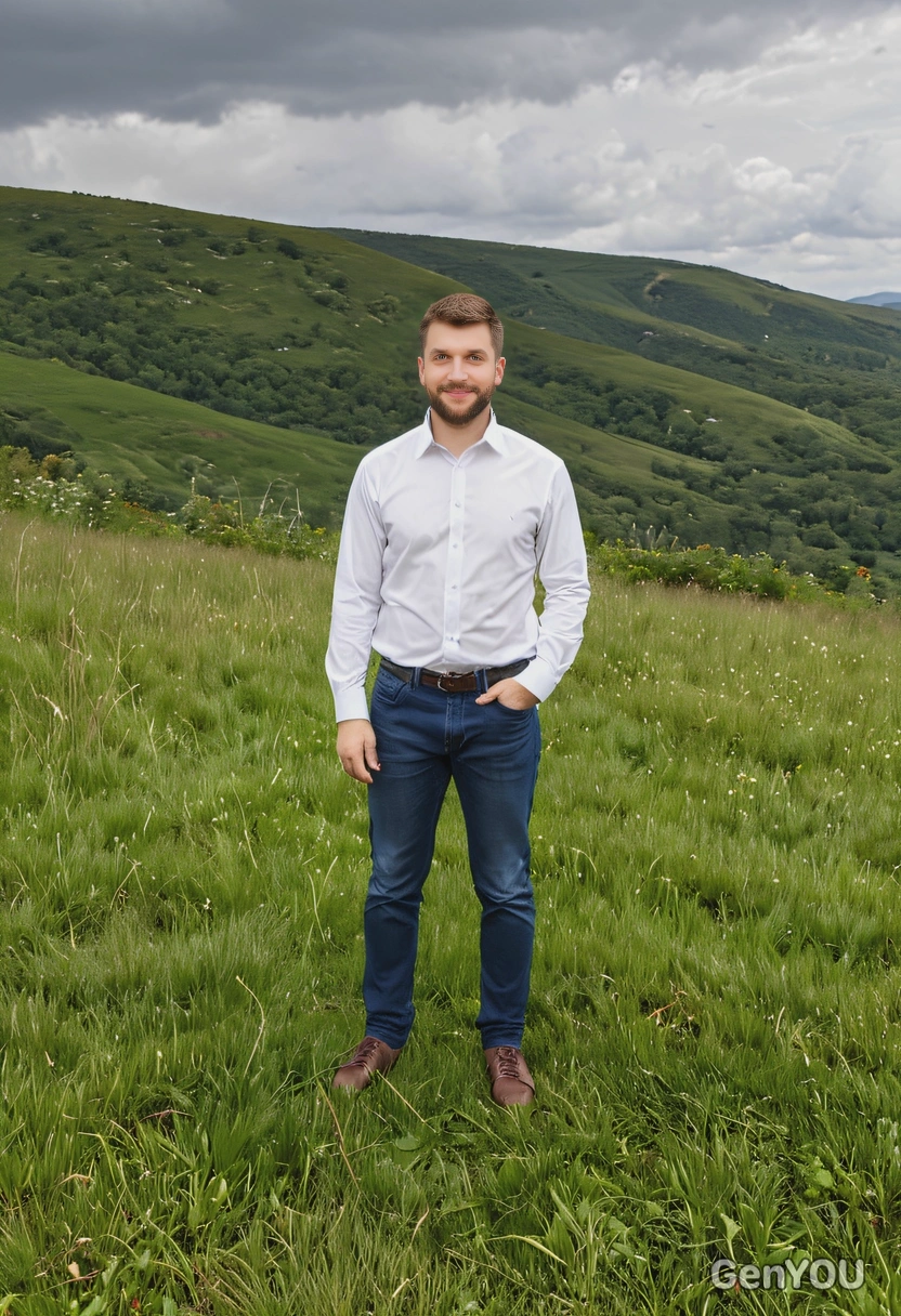 standing on a grassy hilltop