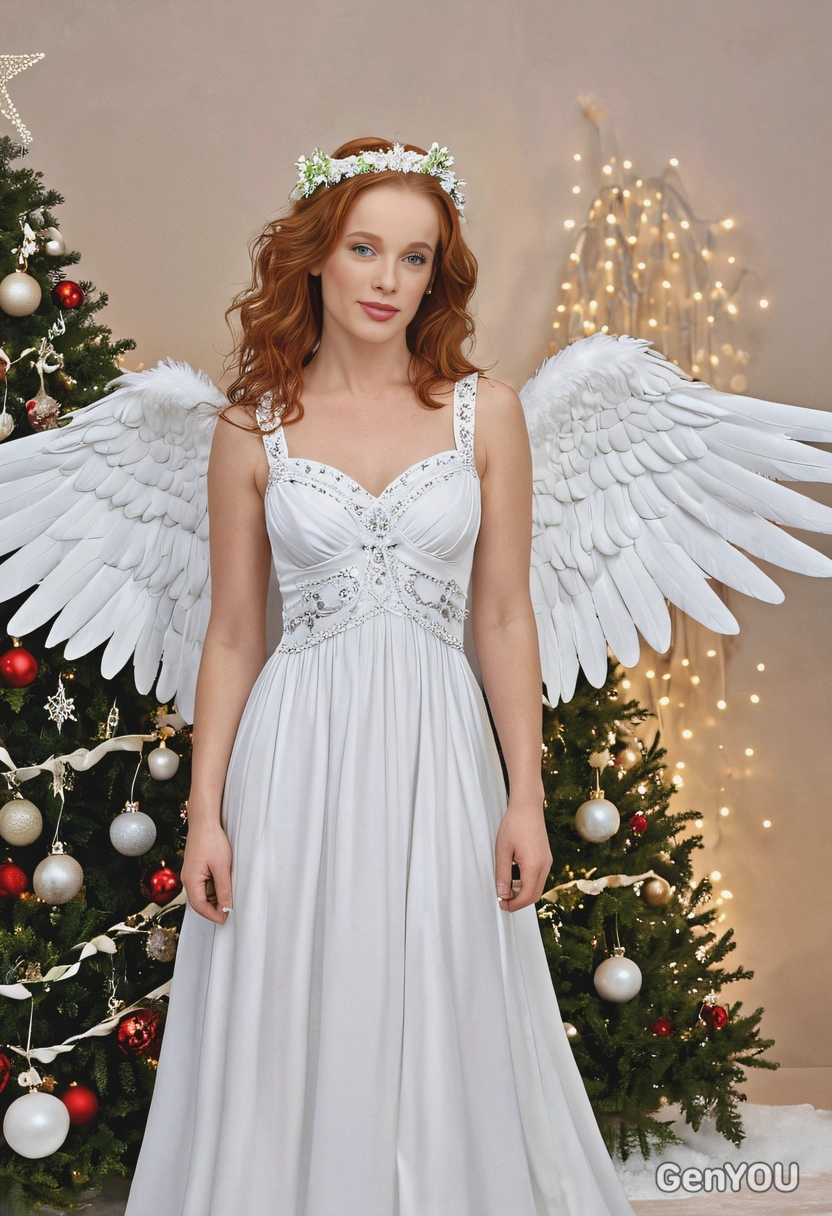 as a Christmas angel, in a flowing white gown with a halo and wings, beautifully decorated christmas scene