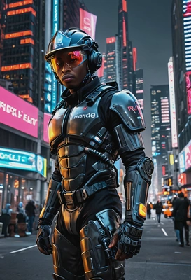 as a firefighter in a neon-lit cyberpunk city, wearing a cybernetic, high-tech fire exoskeleton suit  with  AR vision helmet, futuristic skyscrapers and holographic advertisements