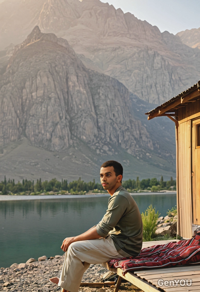 relaxing by a lakeside cabin, as the sun sets behind the mountains