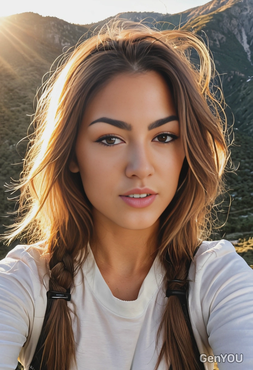 sharp selfie in the mountains, flirty smile, flight hair, golden hour