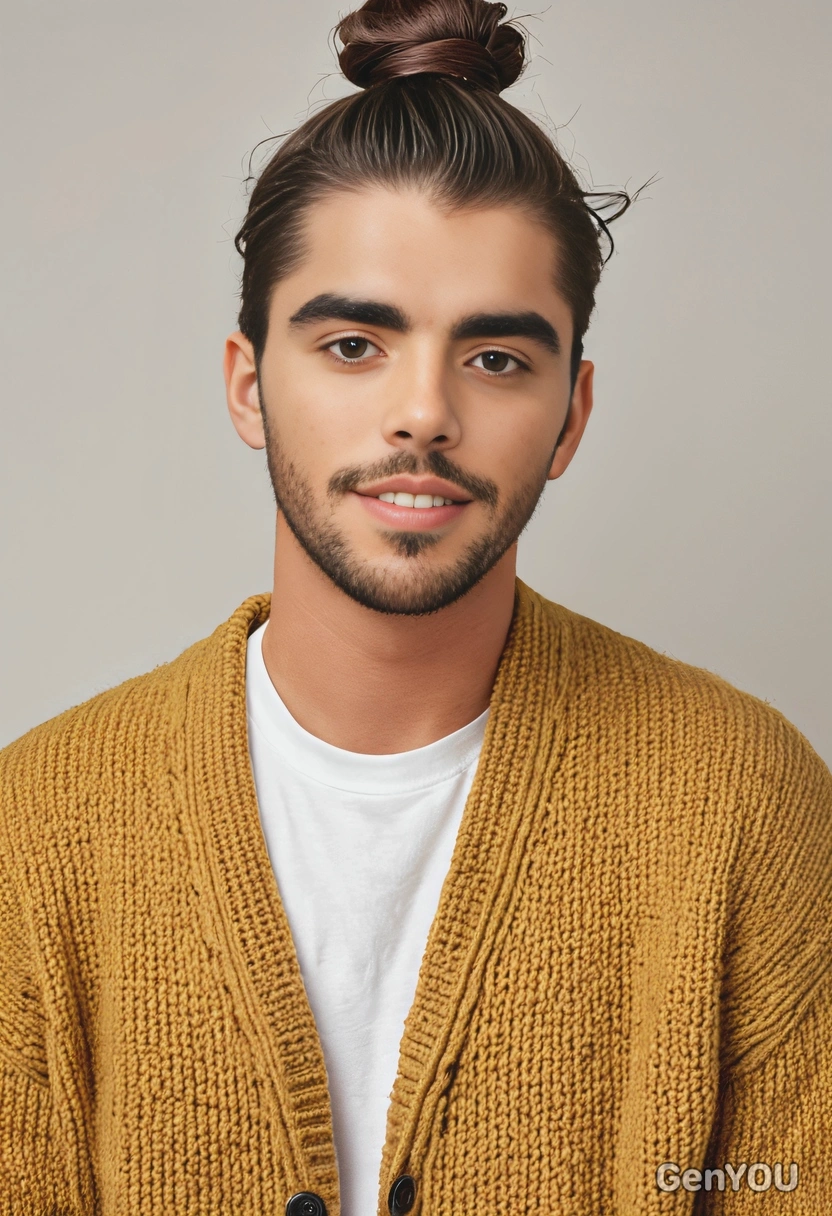 student with a top knot man bun, in a chunky mustard knit cardigan over white tee, with a soft smile, classic yearbook background 