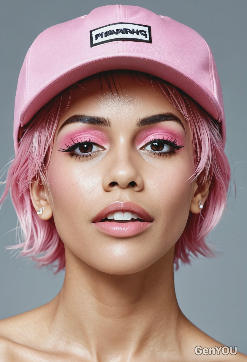 wet pink-colored makeup, symmetrical details, short hair, snapback, young, looking up