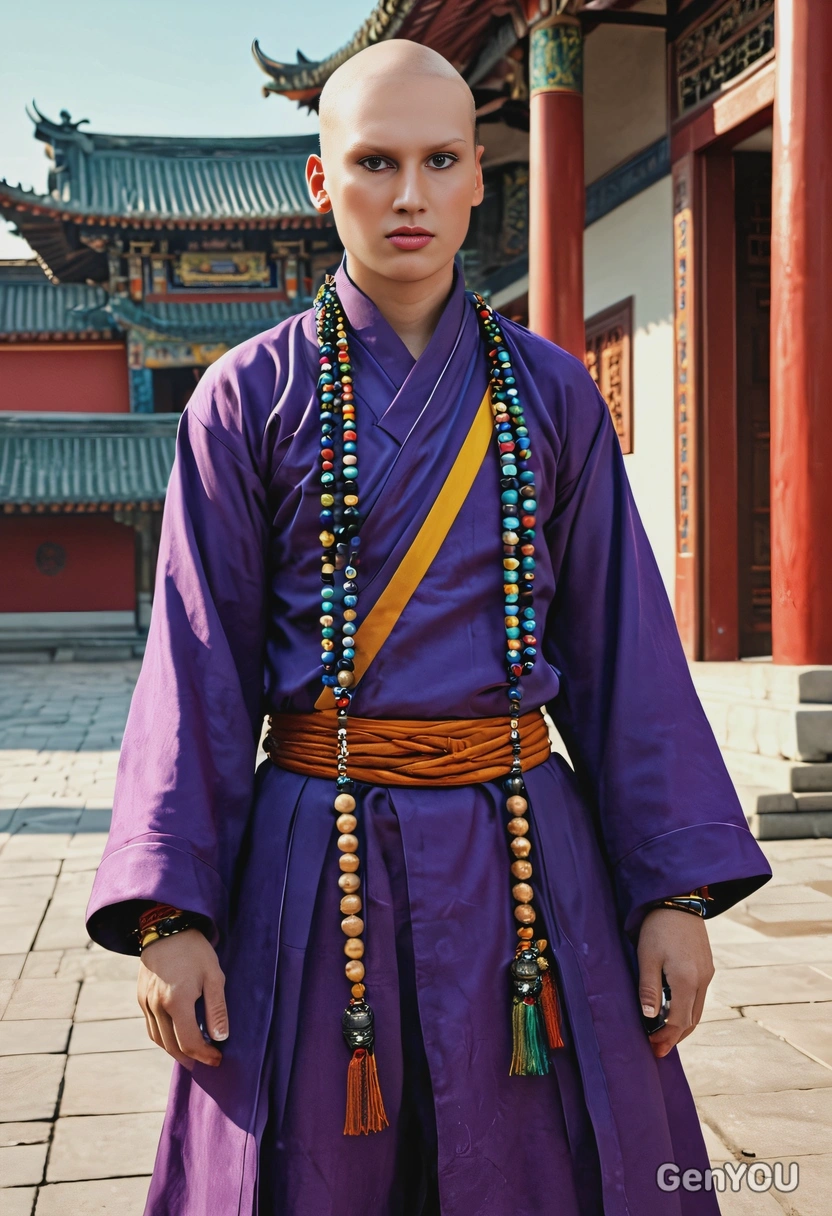 as a warrior monk, bald head, robe, prayer beads, hands and legs in fighting position, in front of Chinese temple, eyes on you, vivid colors, symmetrical clothing details, 3D video game style, high-quality stylized art