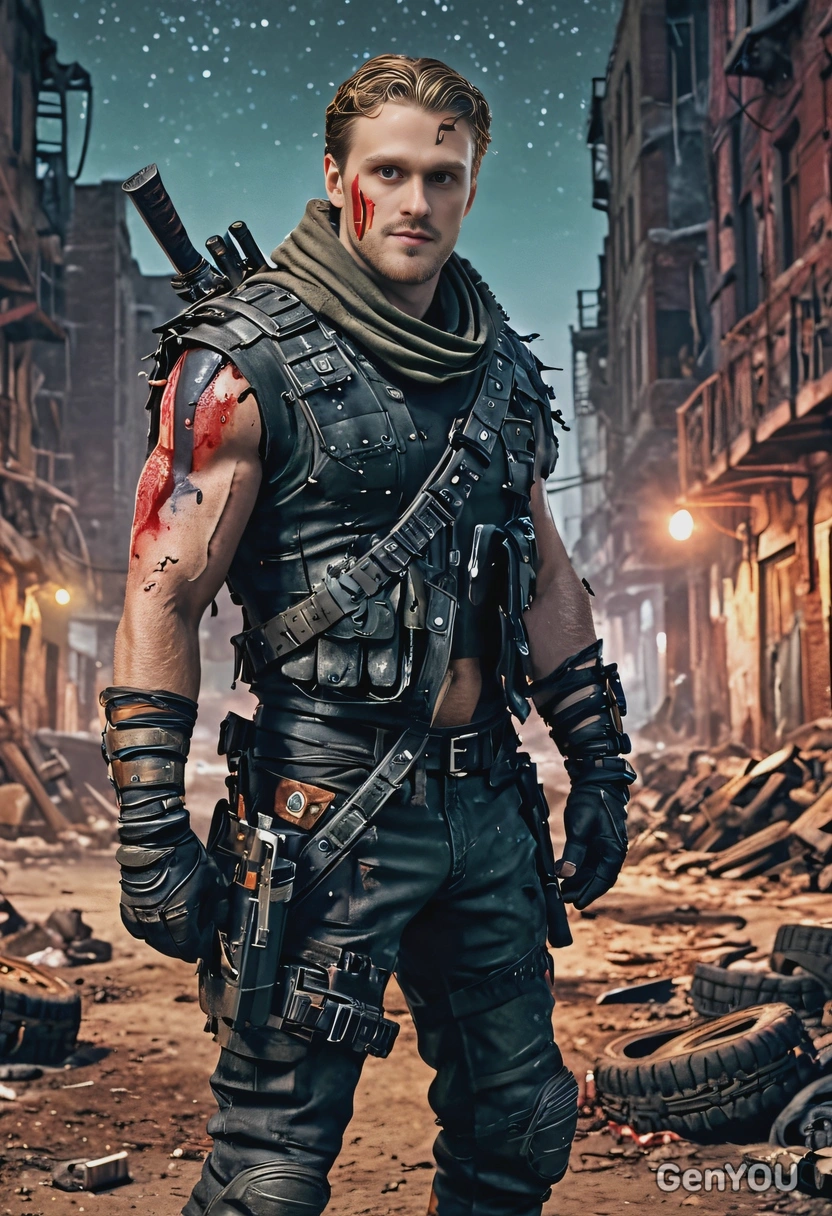 as a wasteland raider, dressed in pieced-together clothes made from tires and scrap, wielding a combat knife, leading a pack of savage warriors, ruins of a big city, at night, stars, vivid colors, high-quality cinematographic style