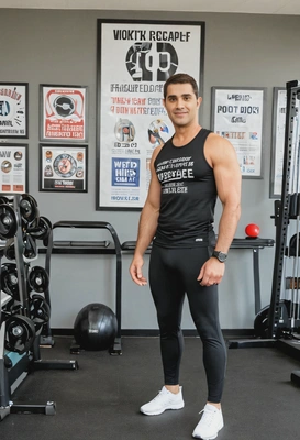 as a sport trainer, wearing a fitted athletic top and leggings, holding a stopwatch and standing with a confident stance, in a modern gym with workout equipment and motivational posters on the walls