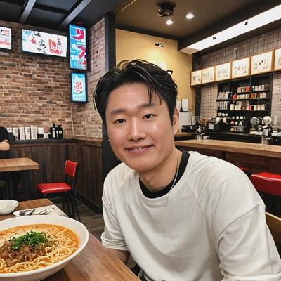 as a k-pop fan, posing for social media photo at the trendy ramen cafe