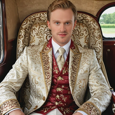 as a young prince in a silk embroidered suit, sitting in a luxurious royal carriage 