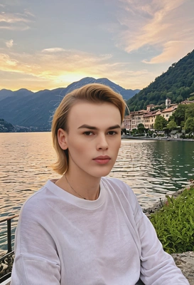 As a tourist, relaxing at the Lake Como in Italy, sunset