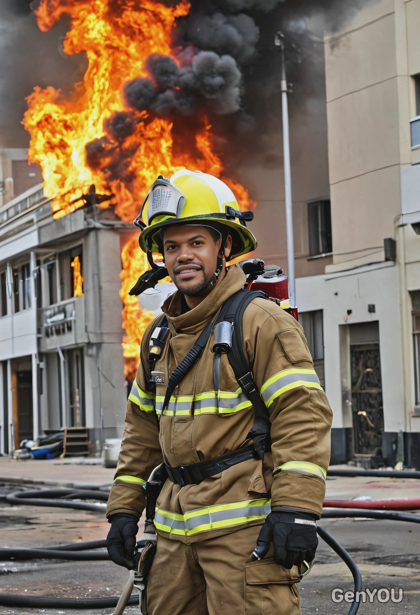 as a firefighter in full firefighting gear with a helmet, standing in front of a blazing building, holding a hose and ready to combat the flames