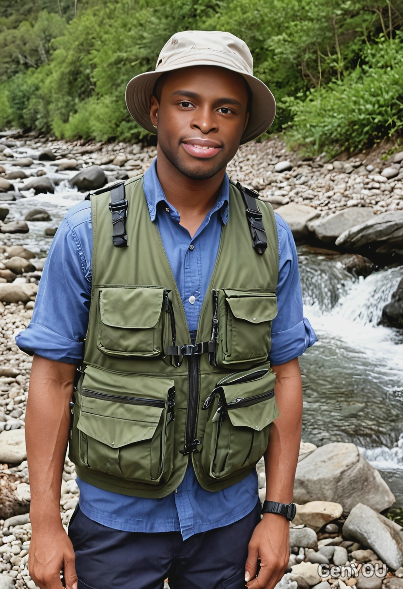 in a light fishing vest and hat by a mountain stream, waist-up photo