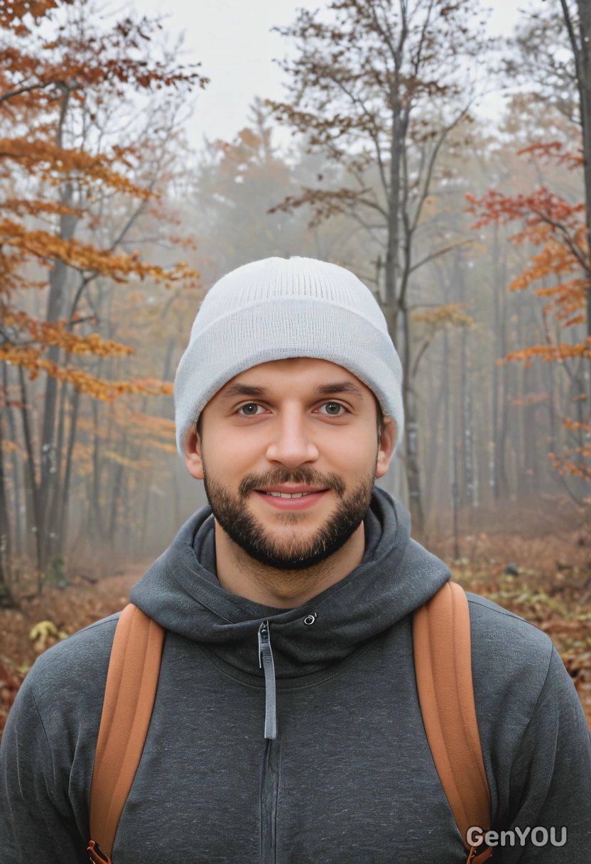 wearing a beanie, with a backdrop of foggy fall woods