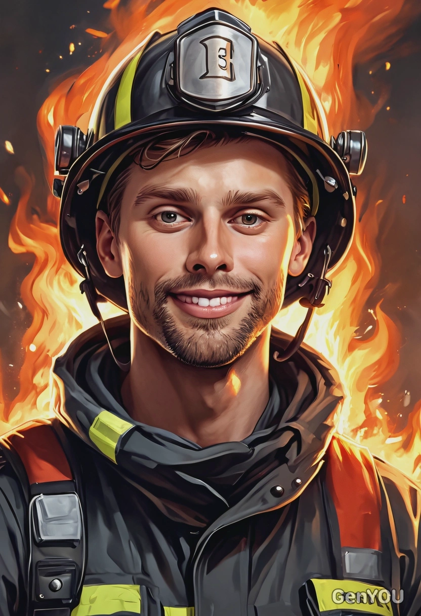 @me as a brave firefighter in full gear, blurred burning flames in the background, smiling, looking directly into the camera, high-quality stylized art, cartoonish style, big round eyes, visible brushstrokes