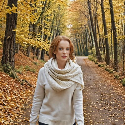 as a woman in a soft cashmere sweater, walking through a forest path in autumn, with a light scarf blowing in the breeze, surrounded by golden leaves, half body 