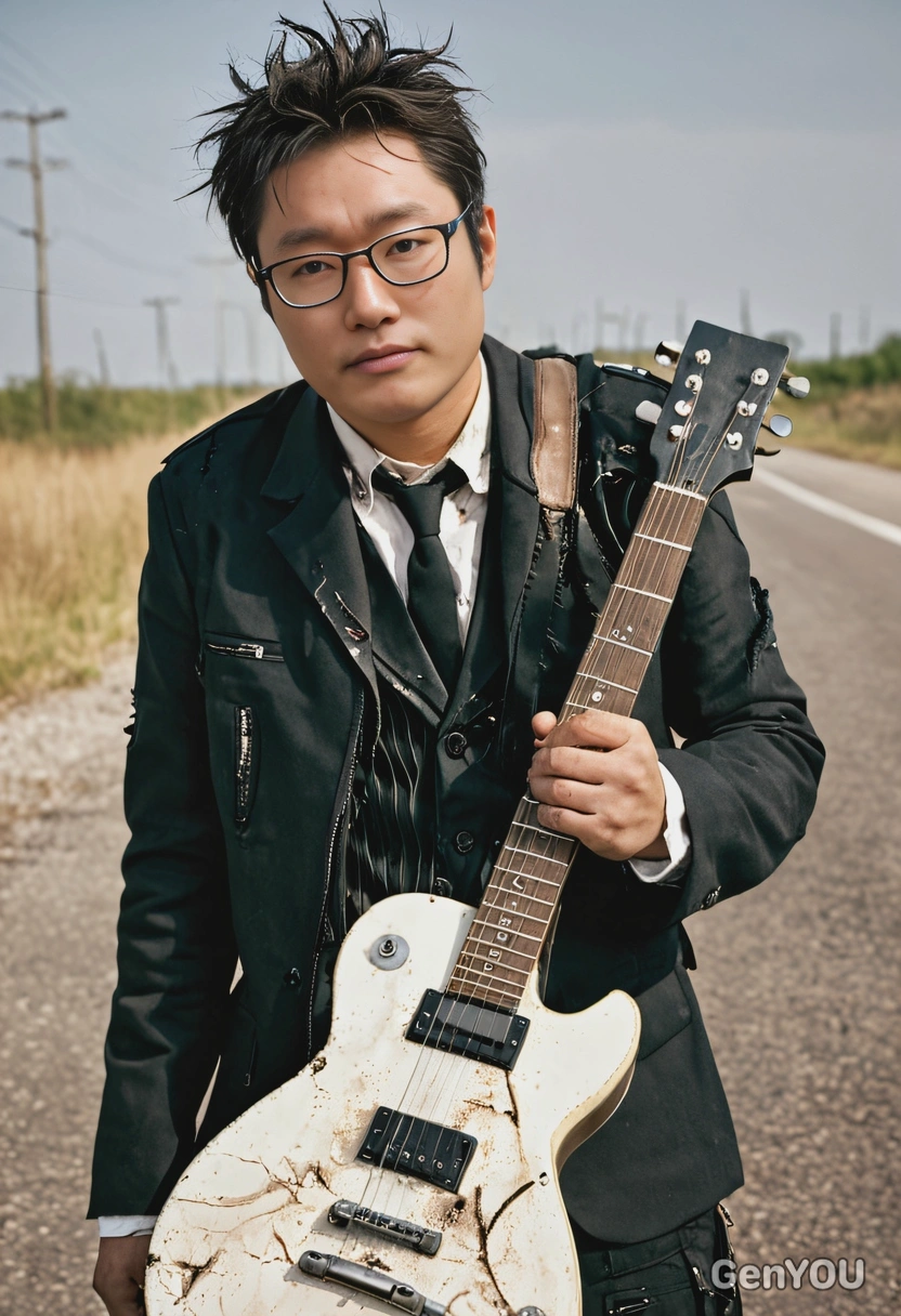 in torn dirty black suit, broken glasses, hugging a guitar to chest, scared, post-apocalyptic abandoned highway behind, blurred background, professional portrait, focus on face