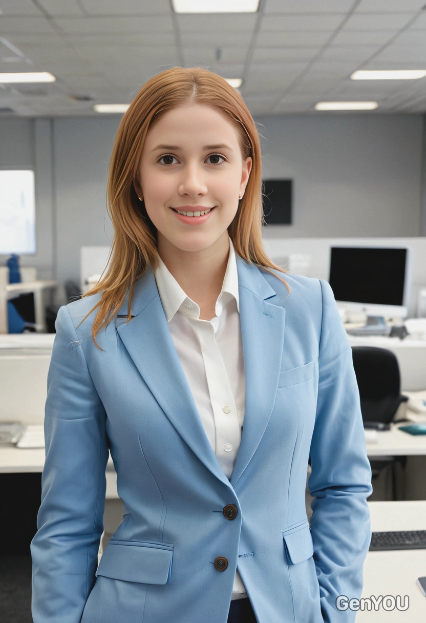 sitting at the office desk, hands in the pockets, sky blue neat business suit, serious look, mid-body photo, blurry open-space office background, sharp skin texture details, soft lighting