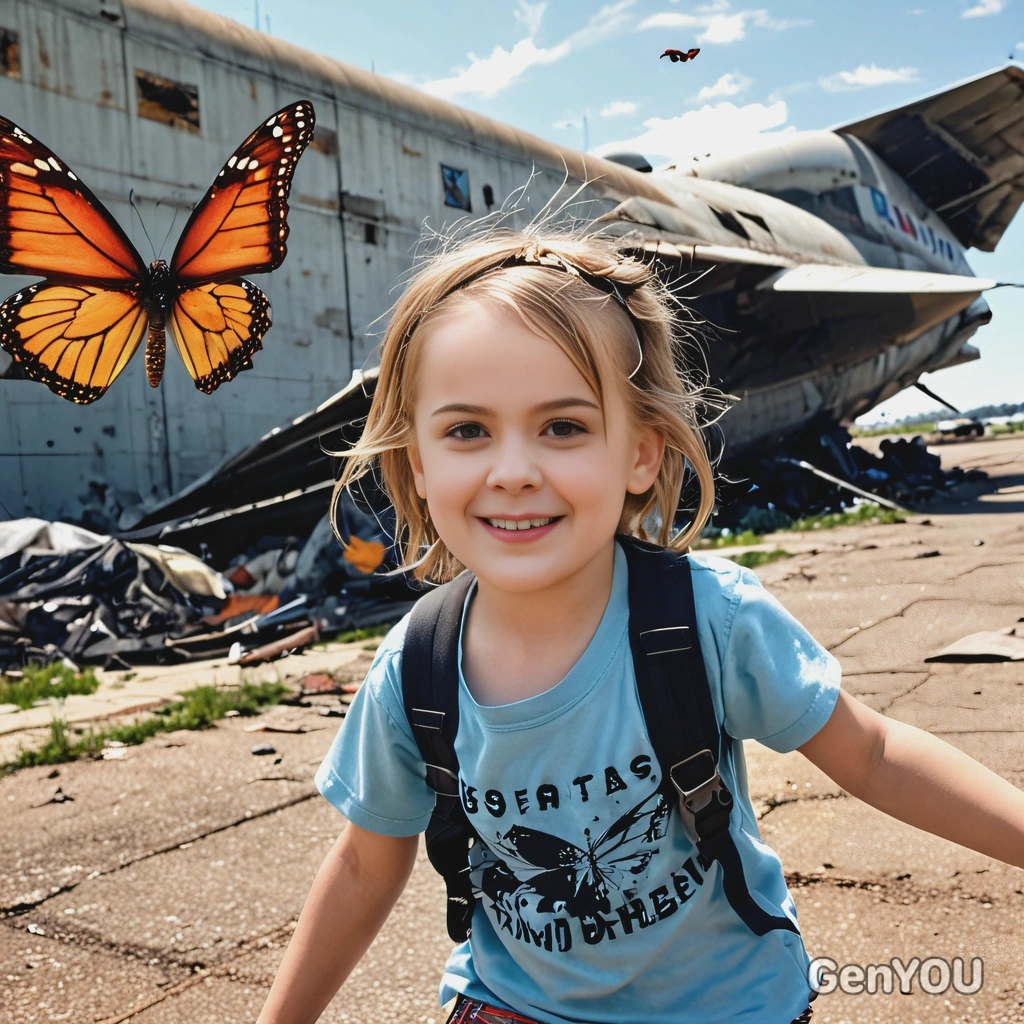 as a child, in torn dirty clothes, smiling, trying to catch a butterfly, before a rusty bomber, abandoned airport behind, cyberpunk