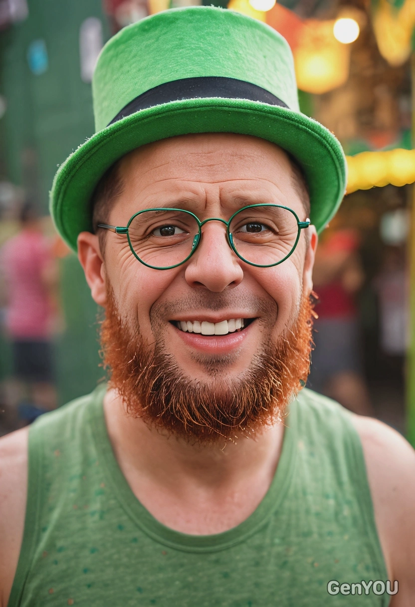 sharp high-quality, mid-body photo, smiling, in a green hat with clover, green heart-shaped glasses, a fizzy red beard, blurred carnival background, midday outdoor lighting