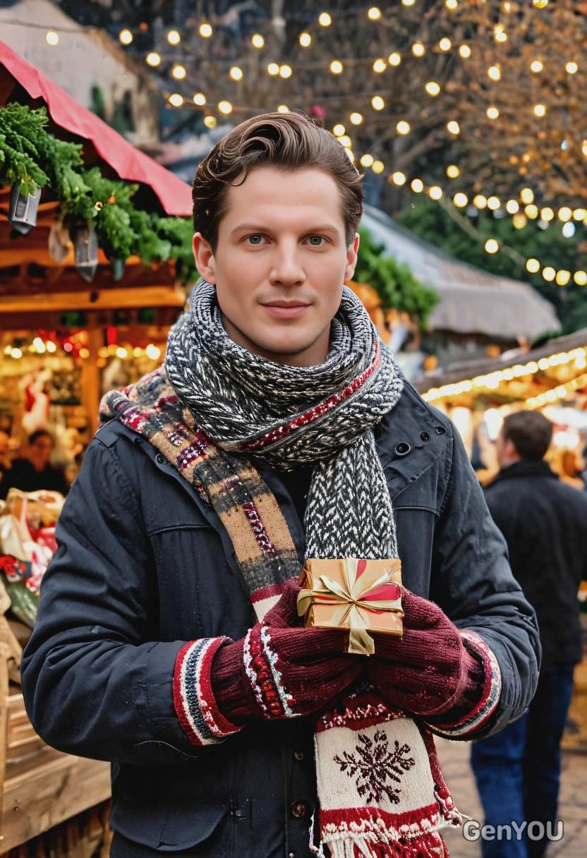 wearing a warm holiday scarf and mittens, holding a gift-wrapped present, standing in a bustling Christmas market with holiday booths and lights everywhere