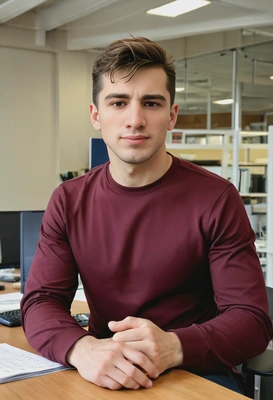 burgundy long sleeve, sitting at the office desk, looking to the left, blurry office background, sharp high-quality, midday indoor lighting