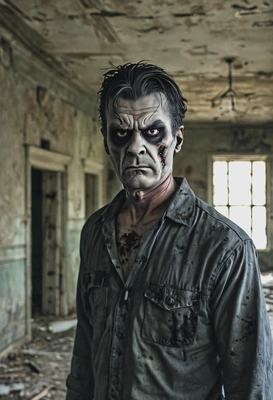 as a zombie walking in an abandoned mansion, blurred background, eyes on you