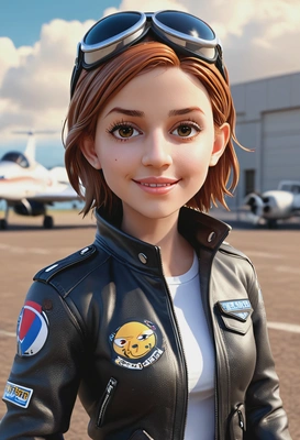 3D cartoon style, adventurous female pilot in leather jacket, oversized cartoon big sparkling eyes, waist-up pose, sunny airfield background