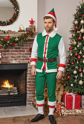 as a Christmas elf, standing by a decorated fireplace, full body 