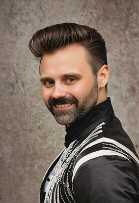 high pompadour with a clean fade, inspired by Elvis Presley, soft focus, blurred background