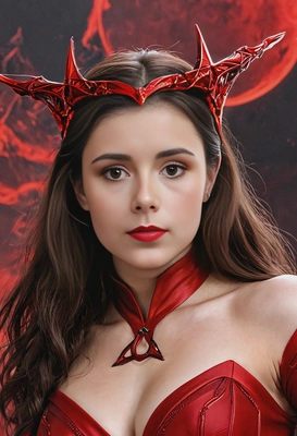 Scarlet Witch, in a crimson-hued mystical realm