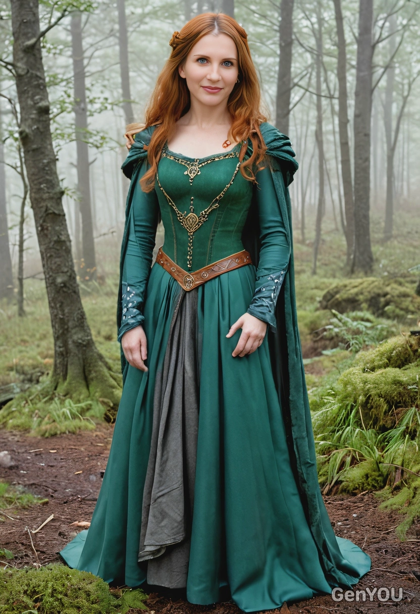 as Princess Merida from Brave, wearing a green medieval dress, standing in a misty Scottish forest, full body view