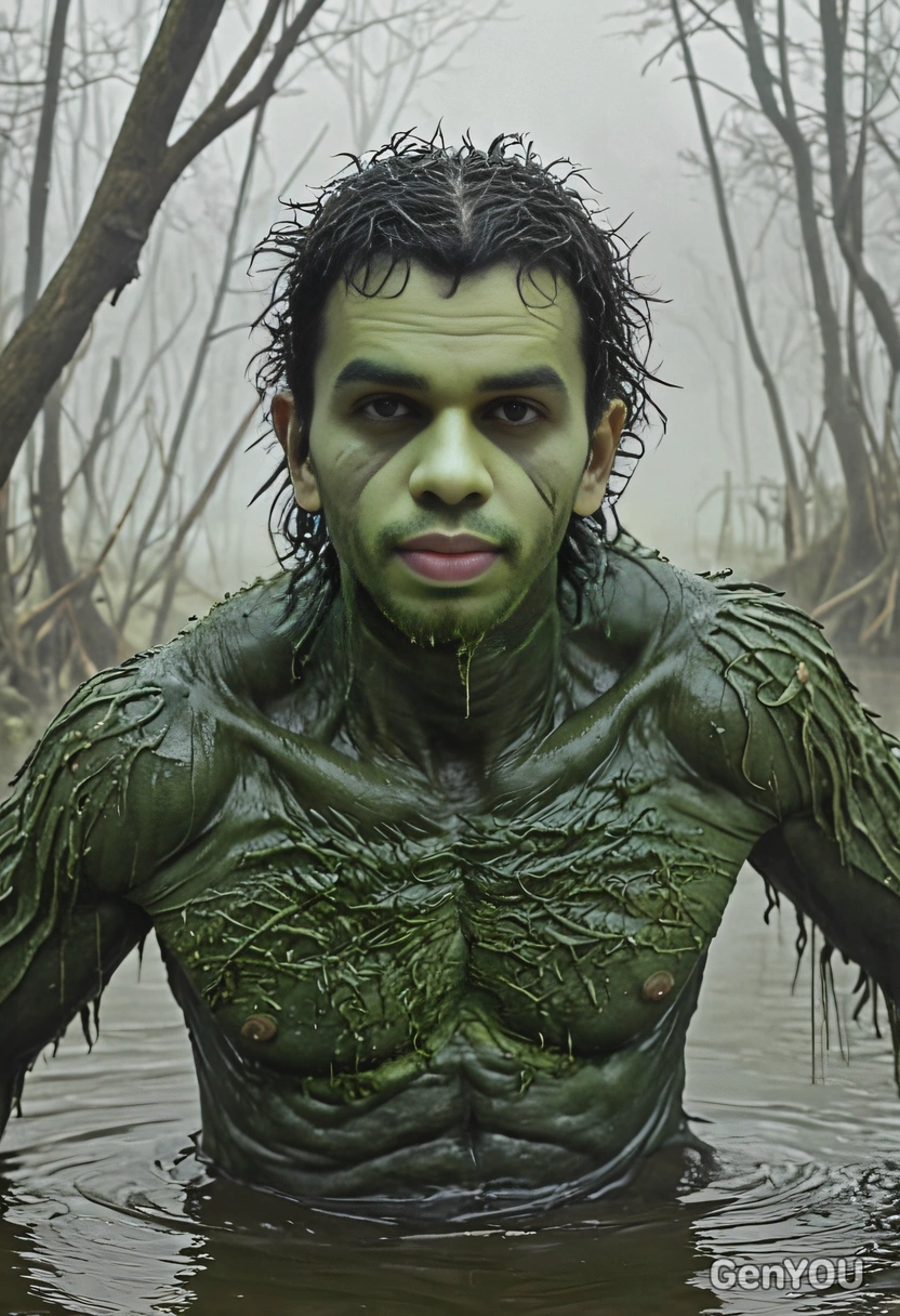 as a swamp monster, with slimy green skin and glowing eyes, rising from the misty waters of a dark, eerie swamp.
