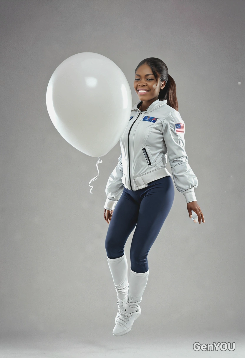 full body picture, flying in space, holding a white balloon, blurred background, cinematographic style