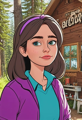 Hand-drawn disney cartoon style, Mabel Pines, flat colors, thin outlines, oversized cartoon eyes, bright daylight lighting, waist-up portrait, Mystery Shack on background