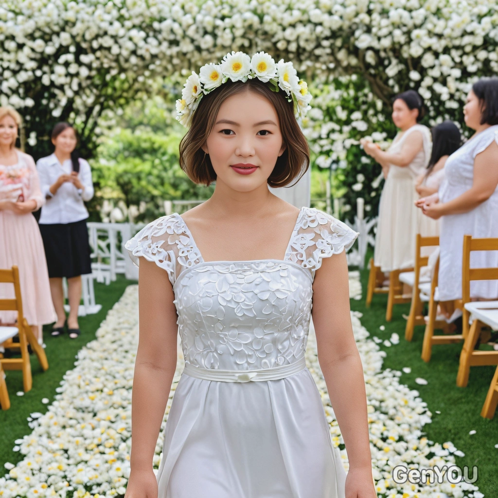 as a flower woman in a cute white dress with a flower crown, scattering petals along the aisle