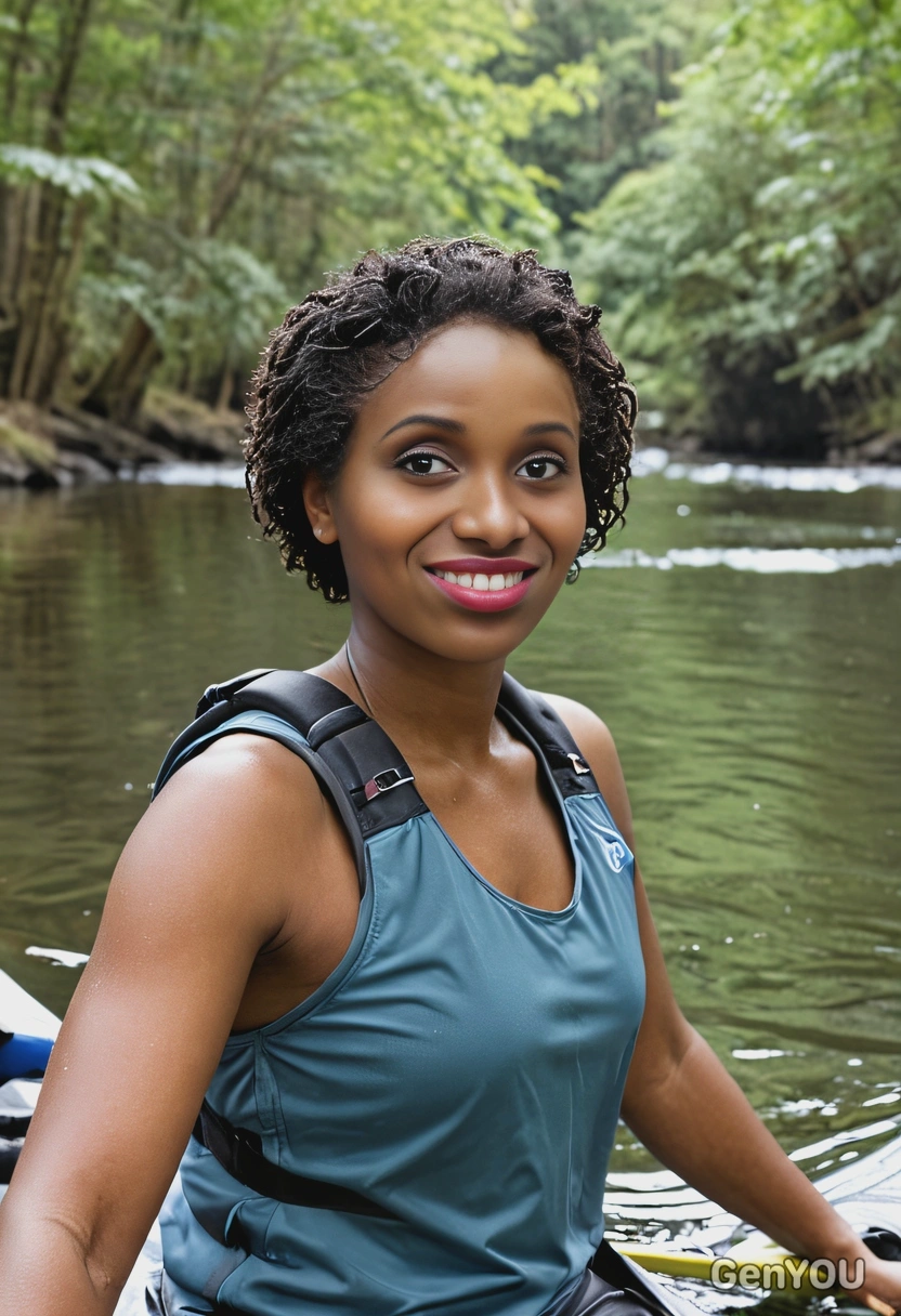 A hiker kayaking on a calm river through a forest, half body portrait 