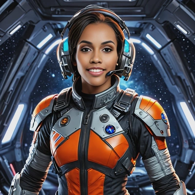 as a space pilot in a futuristic flight suit, flying a starship, stars and asteroids in illuminators, vivid colors, symmetrical clothing details, cartoon style, high-quality stylized art