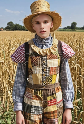 As the Scarecrow from The Wizard of Oz, wearing a patchwork outfit and straw hat, standing in a golden cornfield