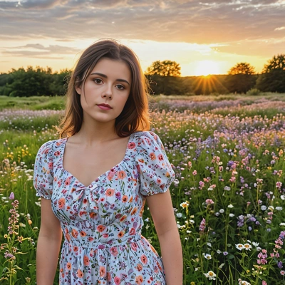 in a pastel floral dress, standing through a meadow of wildflowers, with the sun setting in the distance, look at the camera 