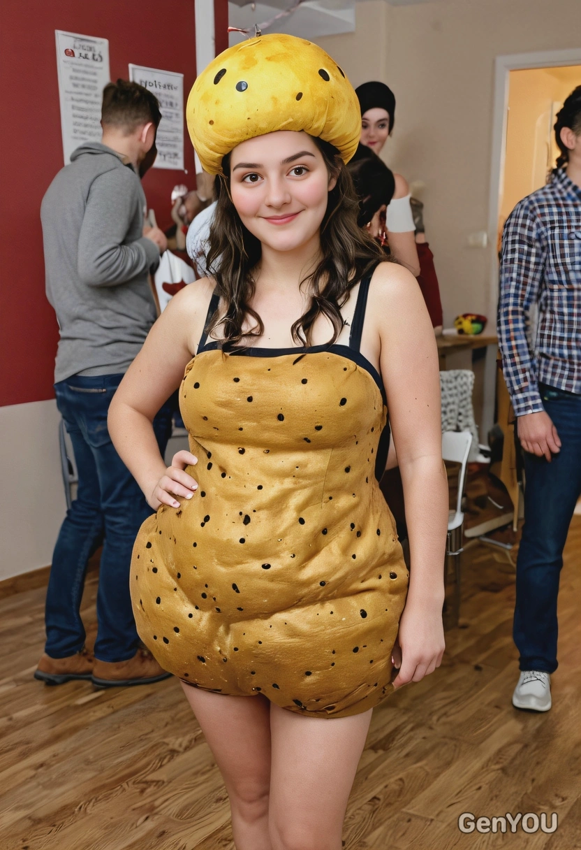 having fun in a  reslistic potato costume at a costume party, hands in pockets, full body image,  people in the background